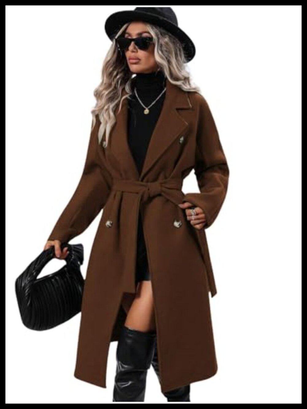 Womens Long Wool Pea Coat Notched Lapel Double Breasted Trench Coat Winter Warm